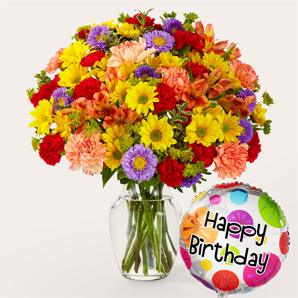Kaleidoscope Bouquet with Birthday Balloon – Coatesville Flower Shop, Coatesville PA