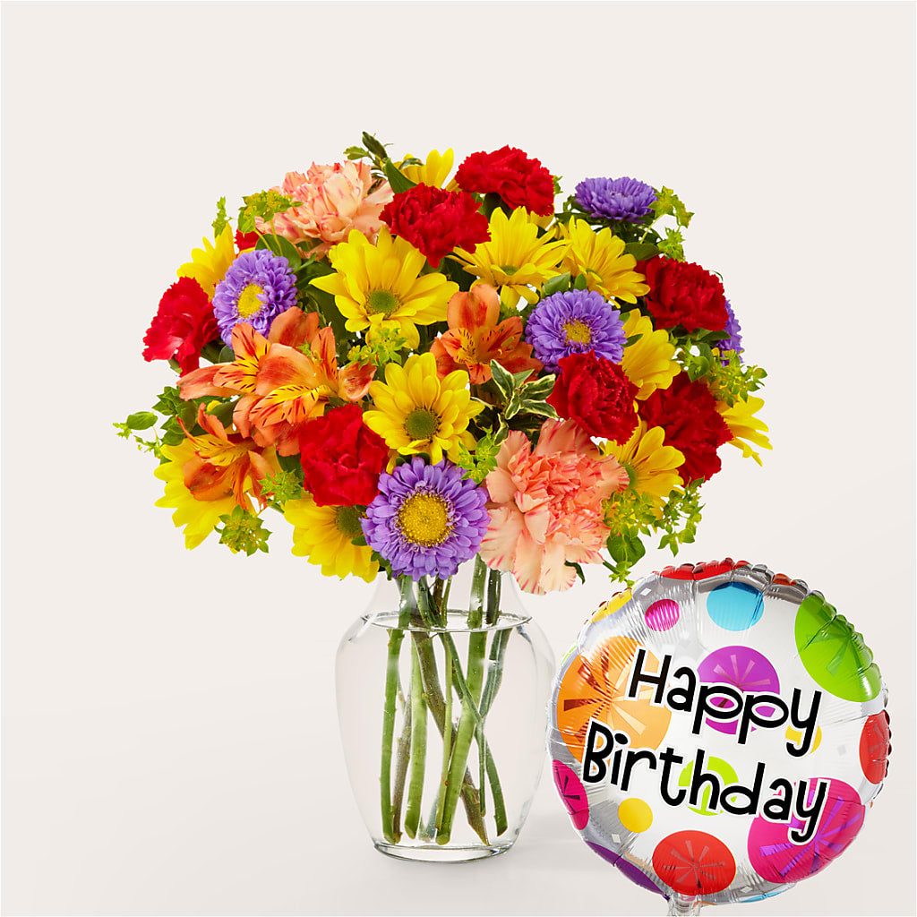 Kaleidoscope Bouquet with Birthday Balloon – Coatesville Flower Shop, Coatesville PA