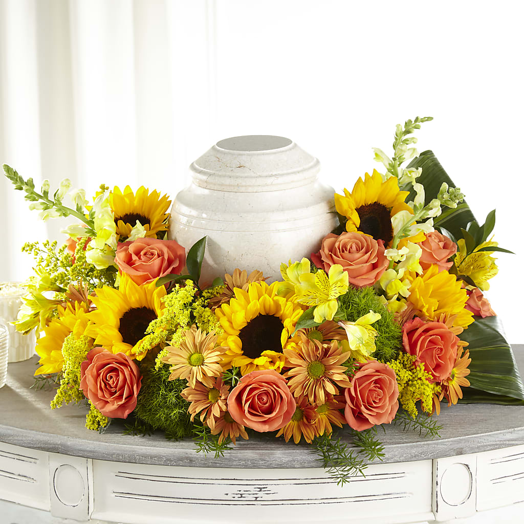 Faithful Sunflower Cremation Adornment – Coatesville Flower Shop, Coatesville PA