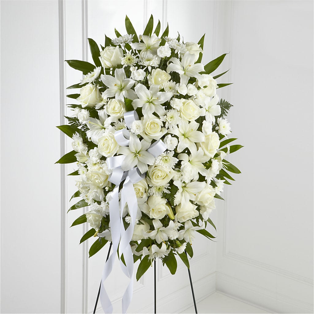 Exquisite Tribute Standing Spray-White Ribbon – Coatesville Flower Shop, Coatesville PA